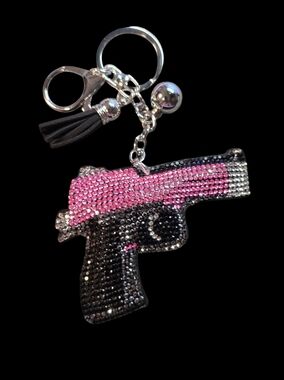 Rhinestone Pistol Bag Charm Keychain - Pink and Black